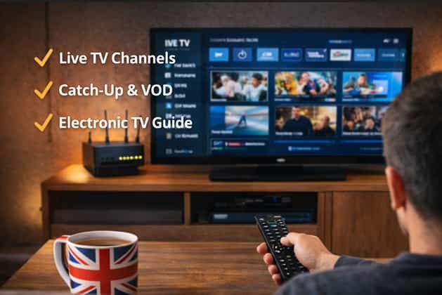 Person watching IPTV in the UK on a Smart TV with live TV, catch-up VOD and EPG menu displayed